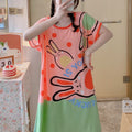 Cartoon Pink Green Rabit Print Lounge Dresses, Comfy Cute | SAMAG