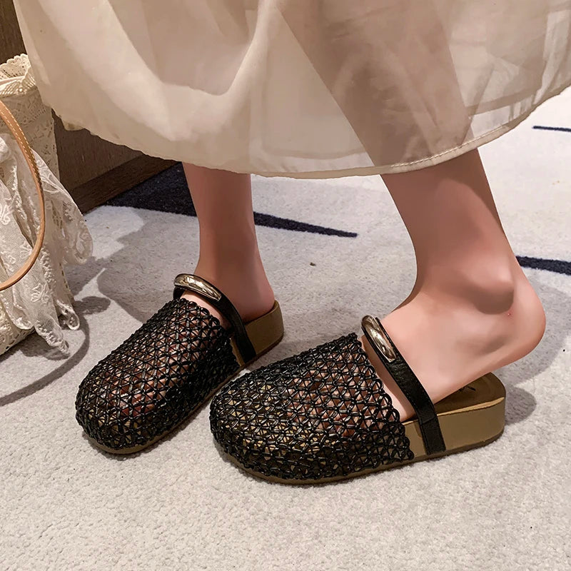 Women Hollow Out Mesh Woven Mules Slides Round Toe Metal Buckle Flat Backless Slip On Casual Summer Sandals Slippers Shoes Woman