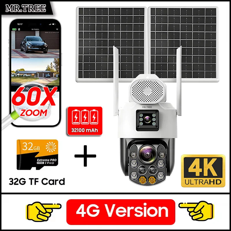 4G SIM Solar Camera AOV 24 Hours Record Built-in 31200 MAh Battery Outdoor Surveillance 60X Zoom Cam Auto Track 25W Solar Panel