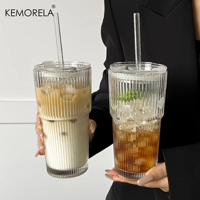 600ML Stripe Glass Coffee Cup With Lid and Without Cover | SAMAG