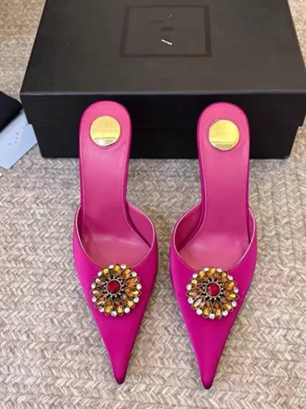 Women's new satin pointed toe toe water diamond high heels slippers party wedding high heels women's sandals