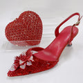 INSIGHTLINK Red Color Party Shoes and Bags Nigerian Women’s Suit Medium Heel Pointed Toe Women’s Shoes  Rhinestones sandals Red