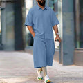 INCERUN Men's Sets Solid Lapel Short Sleeve Shirt Pants | SAMAG