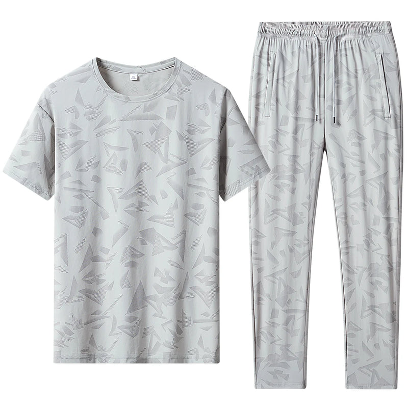 Men 2 Piece Quick Dry Tracksuit Round Neck Short Sleeve Tee Drawstring Straight Pants Camo Print Set - View 11 | SAMAG