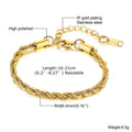 Hip Hop Men's Stainless Steel Rope Chain Bracelets,2/3/4/5mm Gold Color Adjustable Twisted Chain Wristband,Punk Casual Jewelry