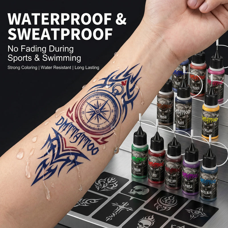 Temporary Tattoo Inks With 3Tattoo Stickers Stencil Kit Freehand Painting Gel for Makeup Trend Party Tattoos For Hand & Body Art