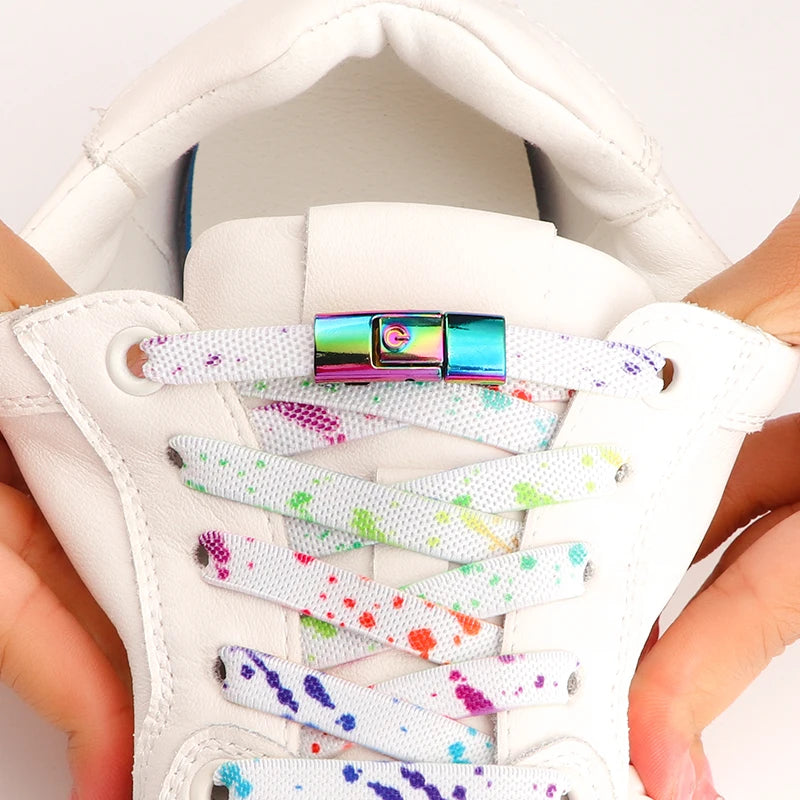 No Tie Shoelaces for Sneakers Colorful Press Metal Lock Shoelace Splashing Ink Print Flat Elastic Laces Without Ties Shoe Laces