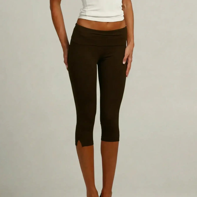 Women's Y2K Low Waist White Capri Leggings Fold Over Waistband Split Hem Solid Color Slim Fit Stretchy Cropped Leggings Buttery
