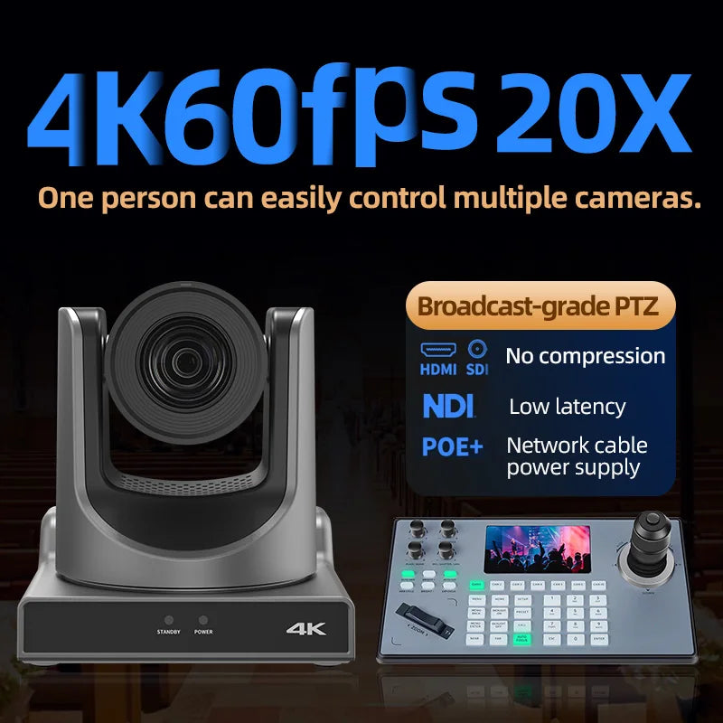 4K60fps NDI PTZ Camera 20X Zoom AI Tracking Camera,HDMI/SDI/LAN/USB, Church Stage Live Recording Compatible with OBS/vMix/ATEM