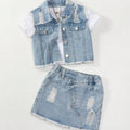Girls Casual Style Sleeveless Top with Distressed Denim | SAMAG