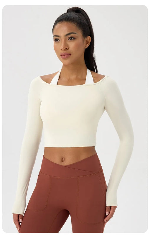 Long Sleeve Yoga T-Shirt for Women, Off Shoulder, Sexy Tight Gym Workout Top, Naked Feeling, Quick Dry Sports Activewear