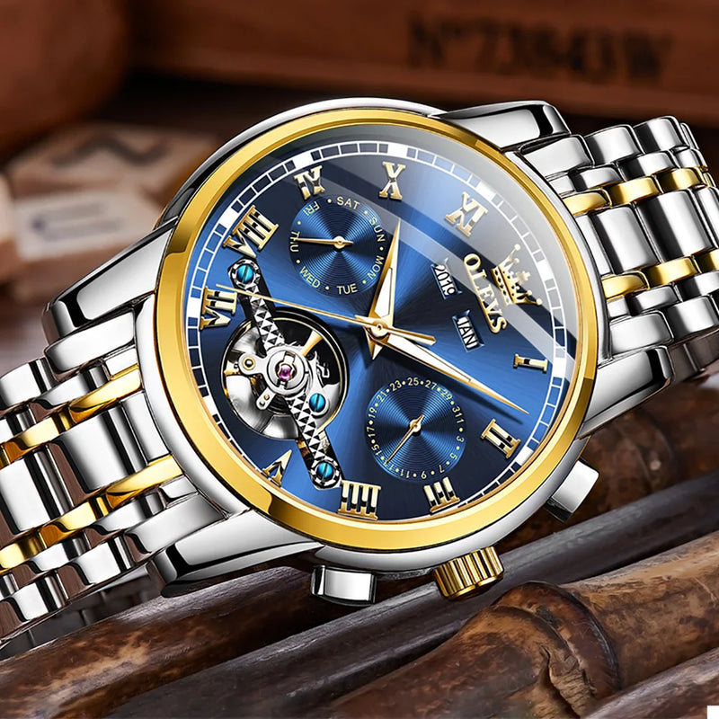 OLEVS 6607 Men's Watches Automatic Mechanical Business Wristwatch Calendar Waterproof Stainless Steel Strap Watch For Man