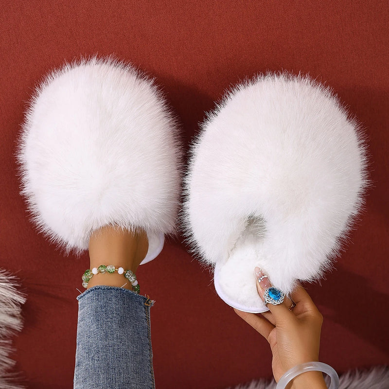 Women Indoor Slippers Winter Faux Fur Home Shoes Women 2025 New Soft Sole Fashion Warm Fluffy Slippers Solid Baotou Slides Women