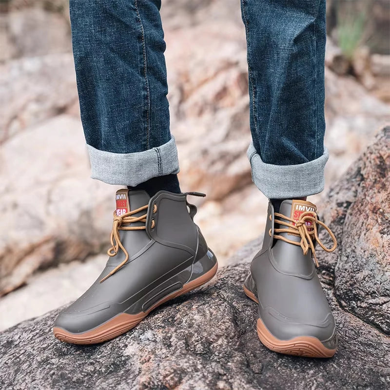 Men Rain Boots Outdoor Work Boots New Fashion Waterproof Fishing Shoes Platform Non-slip Rubber Shoes Lace-up Couple Rain Shoes