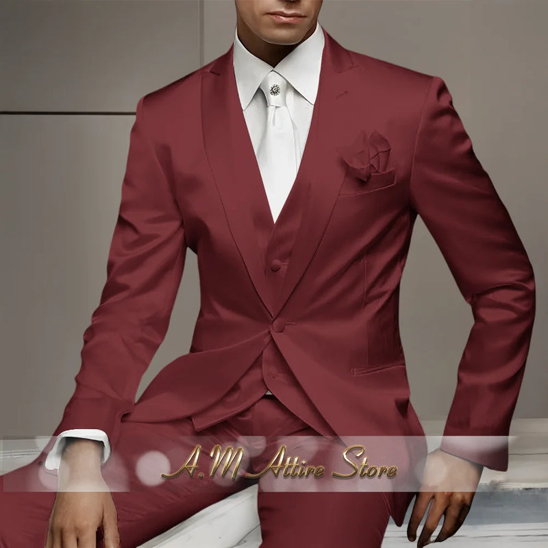Men's Wedding Party Suits 3 Piece White Satin Mikado Jacket Vest Pants Set for Summer Banquet Party Father Gift Tailored Fit
