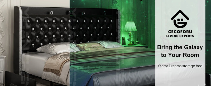 GEGOFORU Queen LED Bed Frame with Galaxy Projector, Bluetooth Speaker, USB Ports, 4 Drawers, No Box Spring Needed, PU Black