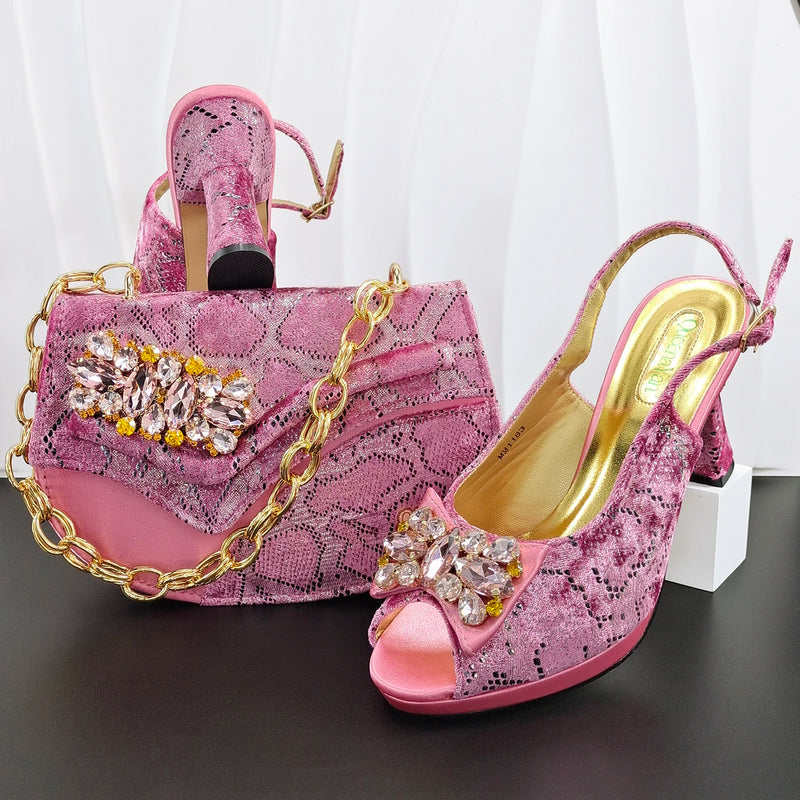 New Arrive Peep Toe Heels Bigger Size for Women 2026 Elegant Party Pink Color Diamond Pumps Italian Shoes and Bags Matching Set