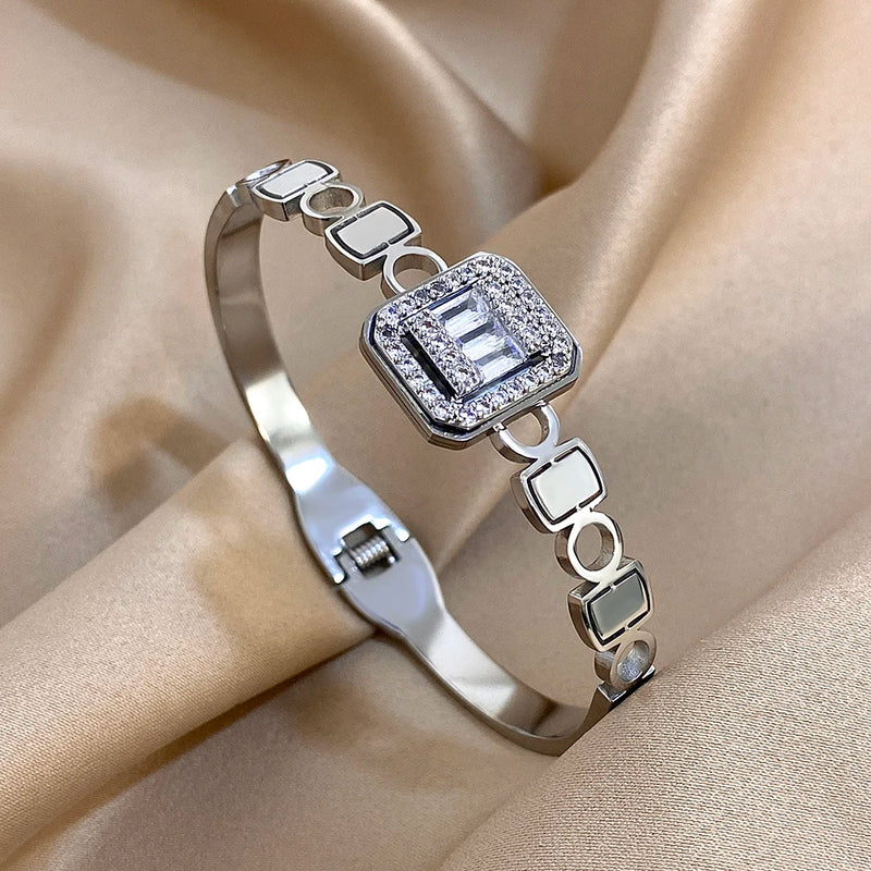 Stainless Steel Bangle Bracelet Inlay Luxury Rhinestones Gorgeous Synthetic Zirconia Geometric Oval Square Stars Shape for Women