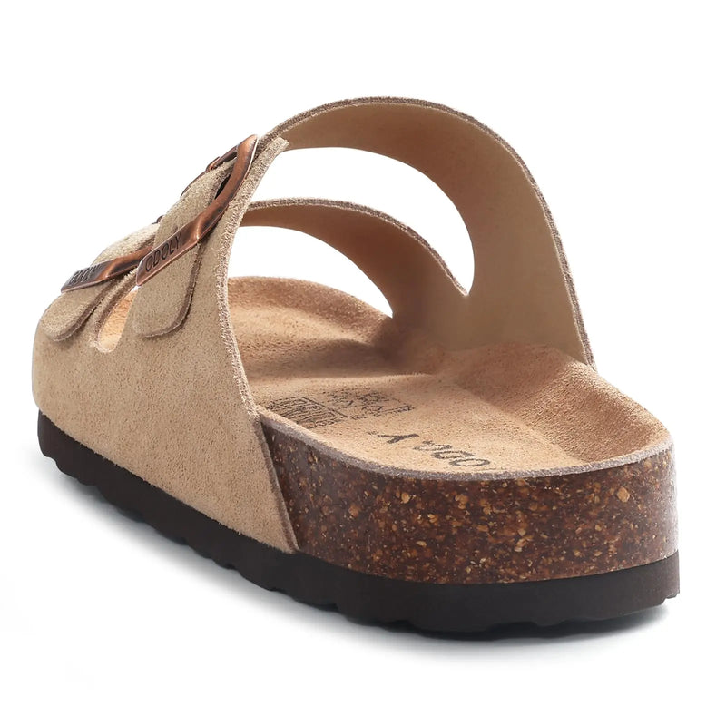 Evshine Leather Cork Footed Clogs Sandals For Women Fashion Flat Mules Slippers with Arch Support Men Double Buckle Cork Slides