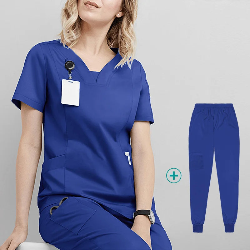 Woman Medical Scrubs Set, V-Neck Short Sleeve Nursing Uniforms With Multi-Pockets, Professional Workwear For Dental Clinic, Sp