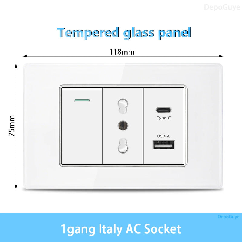 White Tempered Glass Italy USB Type C Smart Fast Charging Wall Socket Plugs Schuko Light Switch Panel Chile TV Sat Computer CAT6