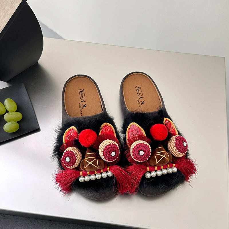 Women Chinese Style Lion Head Slippers Vintage Ethnic Open Toe Clogs Plush Warm Indoor Outdoor Casual Fashion Slide Footwear