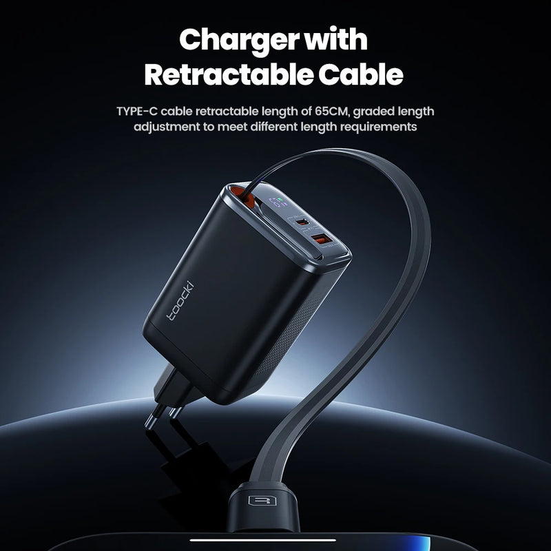 Toocki 67W GaN Charger With Retractable Type-C Cable Digital Display PPS PD3.0 Fast Charger for iPhone 17 16 Samsung S25 S24