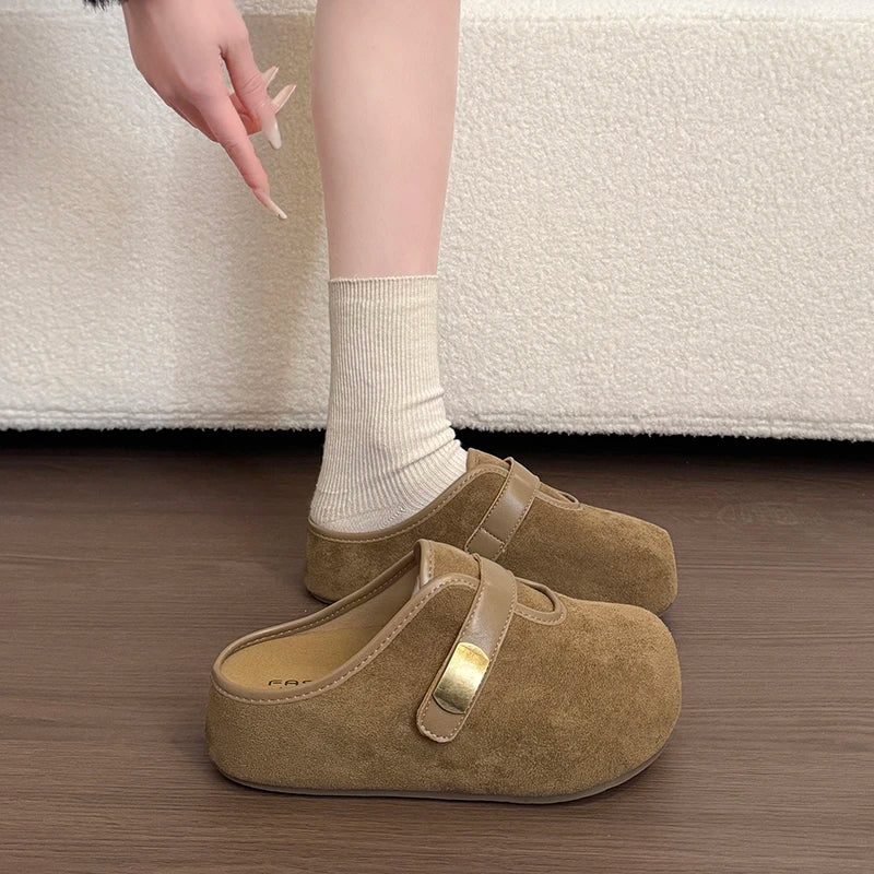 Women Lady Suede Flat Clogs Mules Slides with Gold Buckle Closed Toe Slip on Shoes Casual Fashion Footwear Slippers Shoes Woman