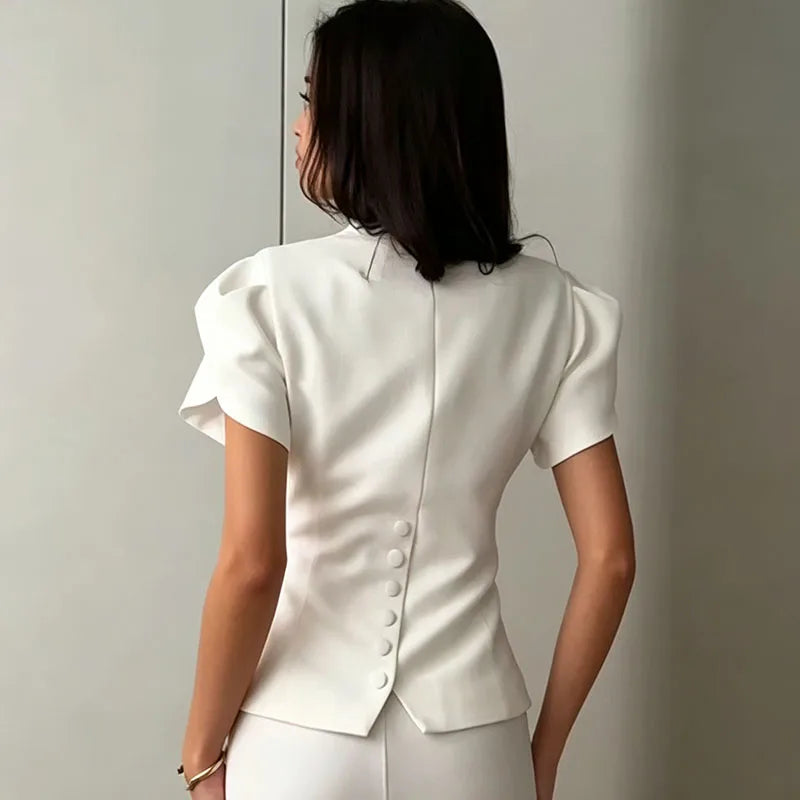 Women V Neck Puff Sleeve Cropped Blouse Button Slim - View 4 | SAMAG