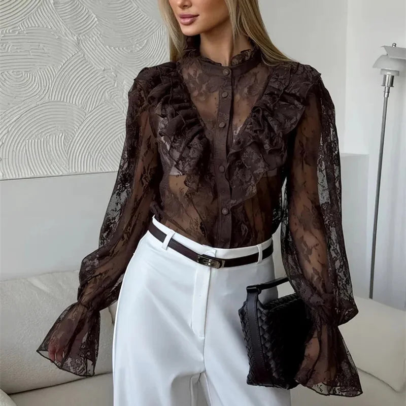 Tossy Lace Ruffled Printed Shirts Female See - Through - View 8 | SAMAG