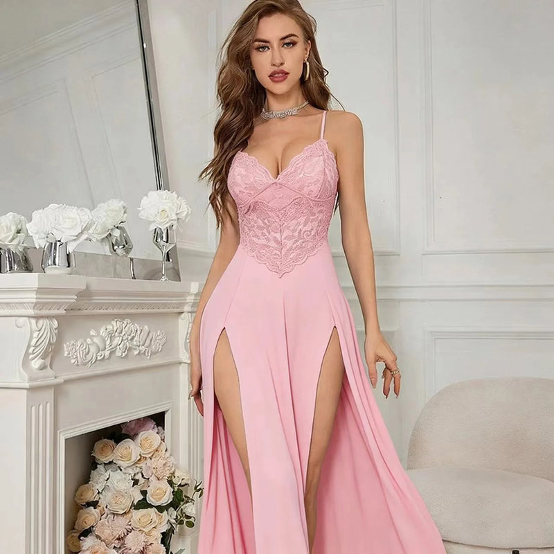 Women Sexy Split Mesh Lace Floral Sheer Babydoll Lingerie Nightgown Dress Sensual Pure Desire Seductive Hot Side-Slit Nightwear