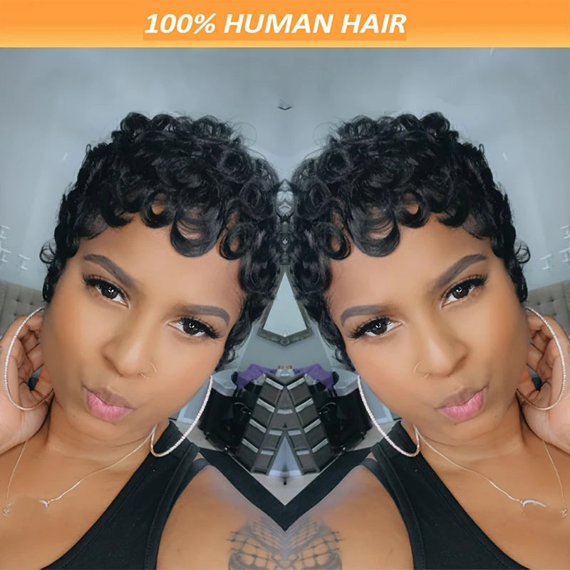 613 Honey Blonde Curly Pixie Cut Wig 100% Human Hair with Bangs Short Curly Human Hair Wigs for Women Machine Made