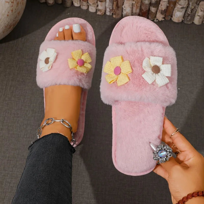 Winter New Flower Decor Comfort Soft Soled Women Cotton Slippers 2026 Fashion Solid Round Toe Plush Warm House Women's Shoes