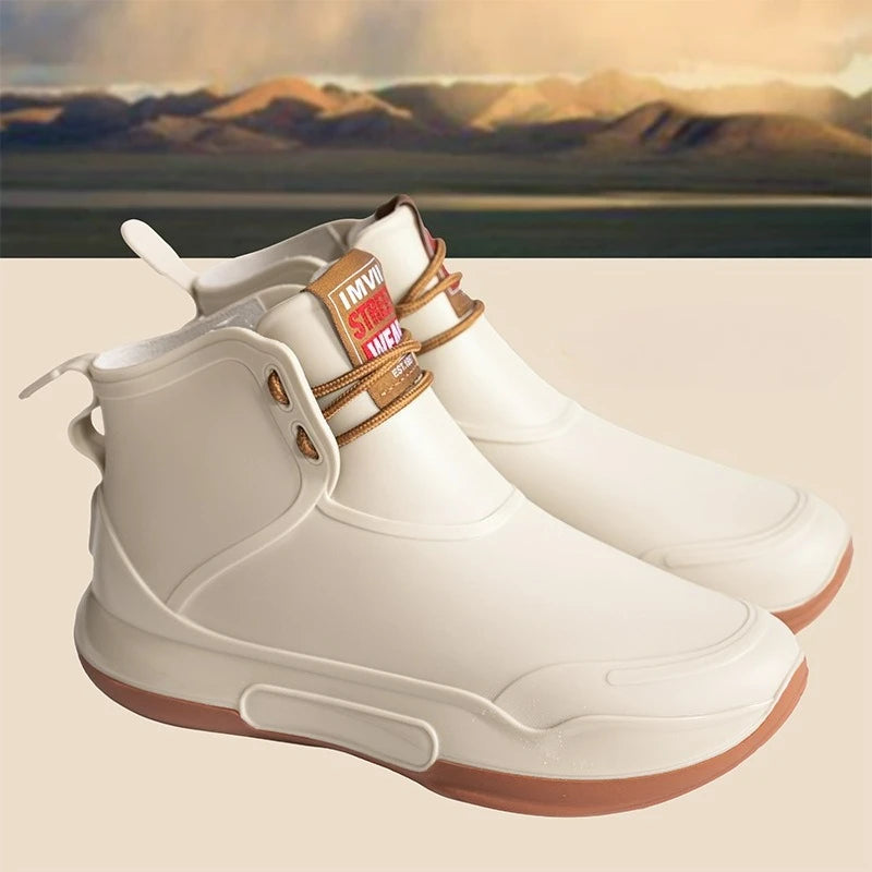 Men Rain Boots Outdoor Work Boots New Fashion Waterproof Fishing Shoes Platform Non-slip Rubber Shoes Lace-up Couple Rain Shoes