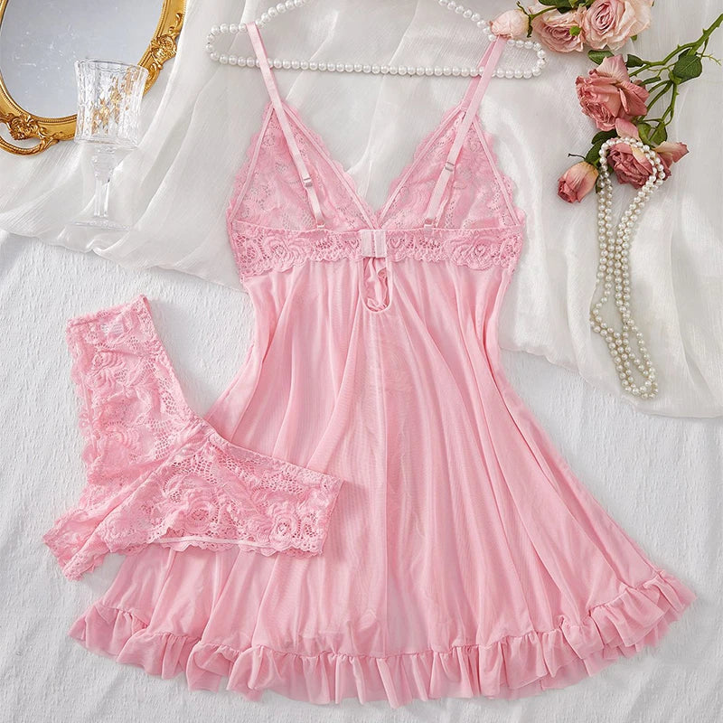 Lace G-string Set Women Lingerie Pajama Kit Transparent Crotchless Dress Mini Underpants Nightwear Set Big Size Female Underwear