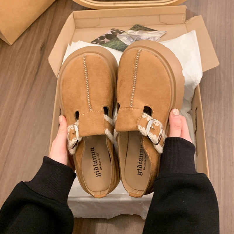 New Summer Women Faux Suede Leopard Print Buckle Strap Chunky Platform Mules Sandals Clogs Round Toe Casual Slippers Shoes Women