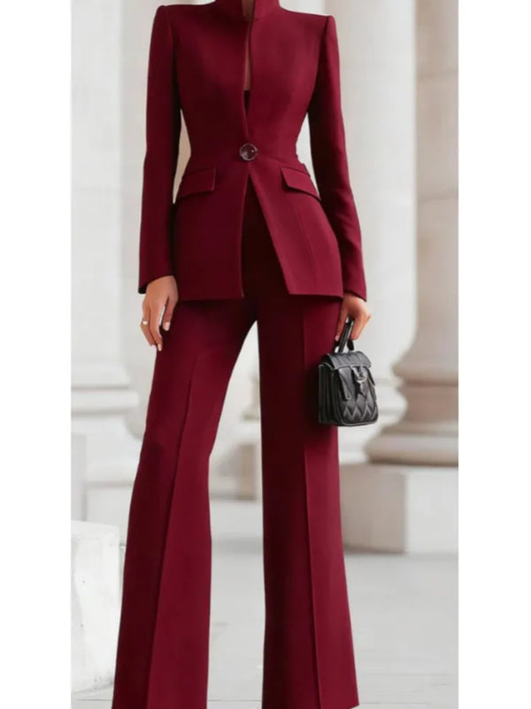 Elegant Women Solid Slim Two Piece Sets Spring Fashion Stand Collar Long Sleeved Blazer+Pants Suit Casual Work Office Coat Set