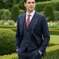 High Quality 3 Piece Checkered Suit Set Dark Blue Stylish Business Office Wedding Formal Outfit Elegant Full Man Dinner Suit