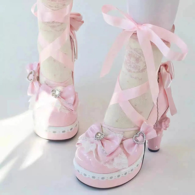 Original Sweet Lolita High Heels Big Size 42 Japanese Style Cosplay Women Leather Shoe Red Rhinestone Street Y2k Shoes Girl Cute