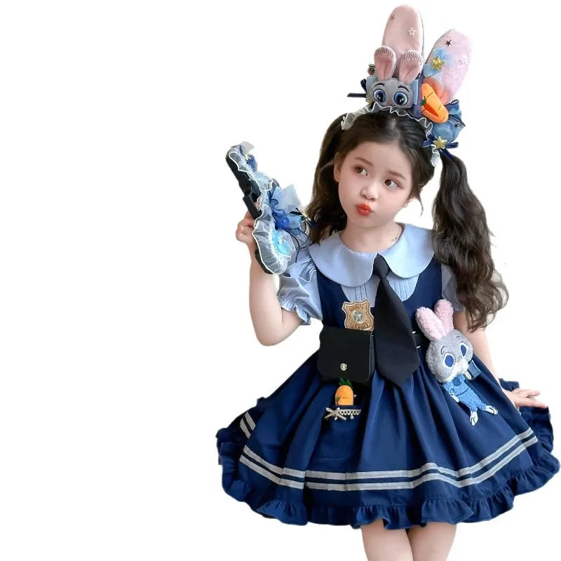 Judy Officer Costumes Short-Sleeved Lolita Dress Girls Halloween Carnival Zootopia Rabbit Cosplay Fancy Dress Birthday Gift