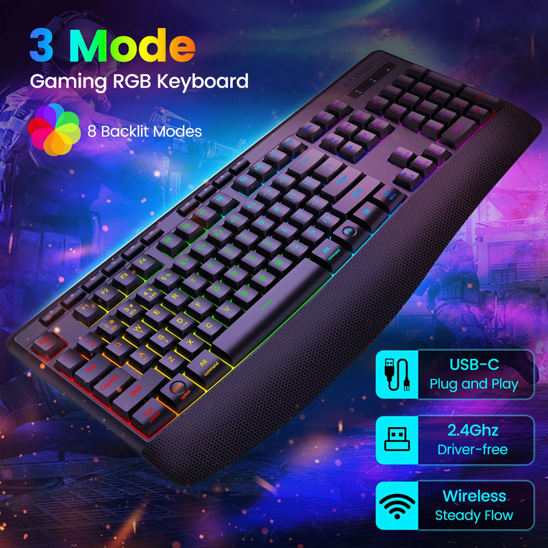 FocusOnPC K787 2.4G Tri-Mode Wireless Gaming Keyboard, 104 Keys RGB Backlit, Ergonomic USB-C Plug-and-Play Keyboard, 1900mAh Battery, Auto Sleep & Low Battery Alert, Silent Typing for Game