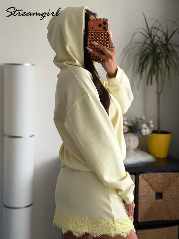 Brown Sweatshirts And Skirt Sets Ladies Elegant Officewear Skirt Suit With Lace 2 Pieces Hoodie Set With Skirt Women Autumn