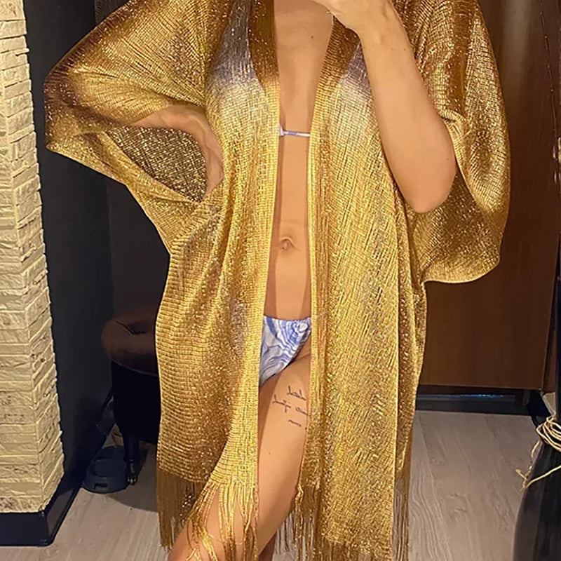 Sexy Cover Up Fringe Women Tassel Mesh Sheer Shiny Knitted Tunic Beach Cover-ups Beach Dress Beach Wear Beachwear Female