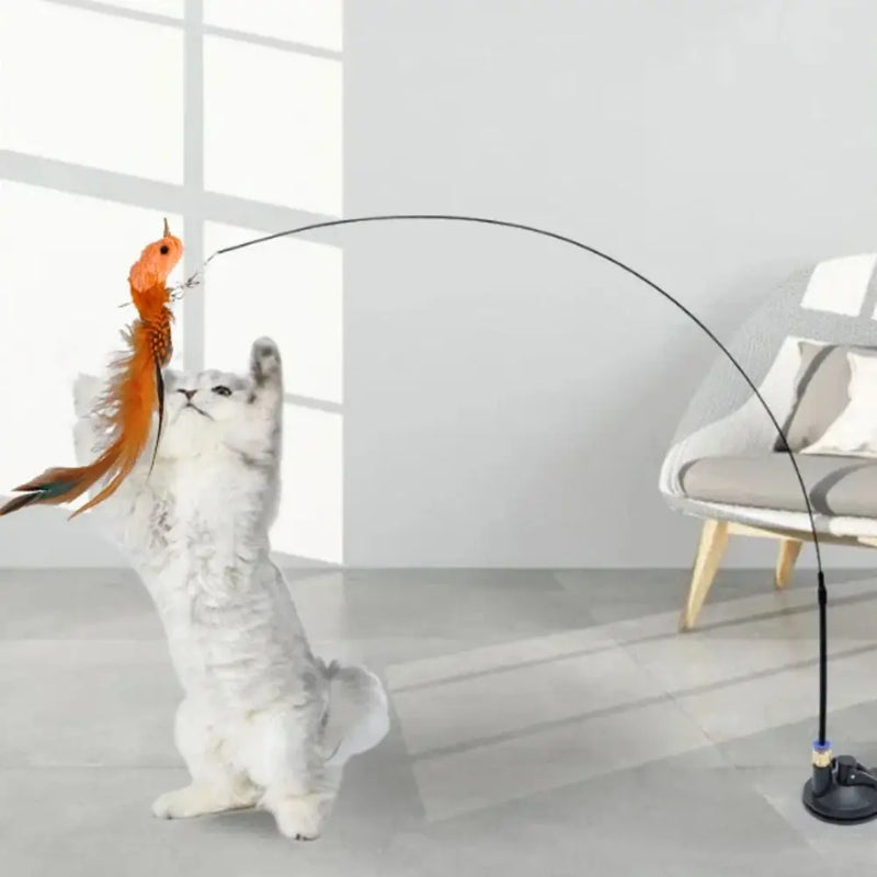 Plush Simulated Bird Cat Stick Head Cat Teaser Stick Colorful Cat Playing Teaser Wand Suction Cup Teaser Toy Interactive Cat Toy