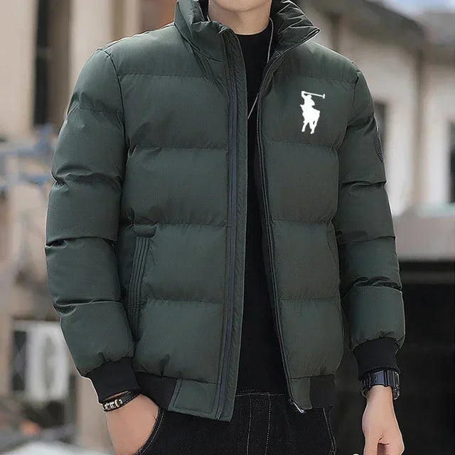 New Autumn Winter Men's Casual Down Jacket Outdoor Fashionable Stand Collar Short Warm Printed Zipper Coat Streetwear Parkas