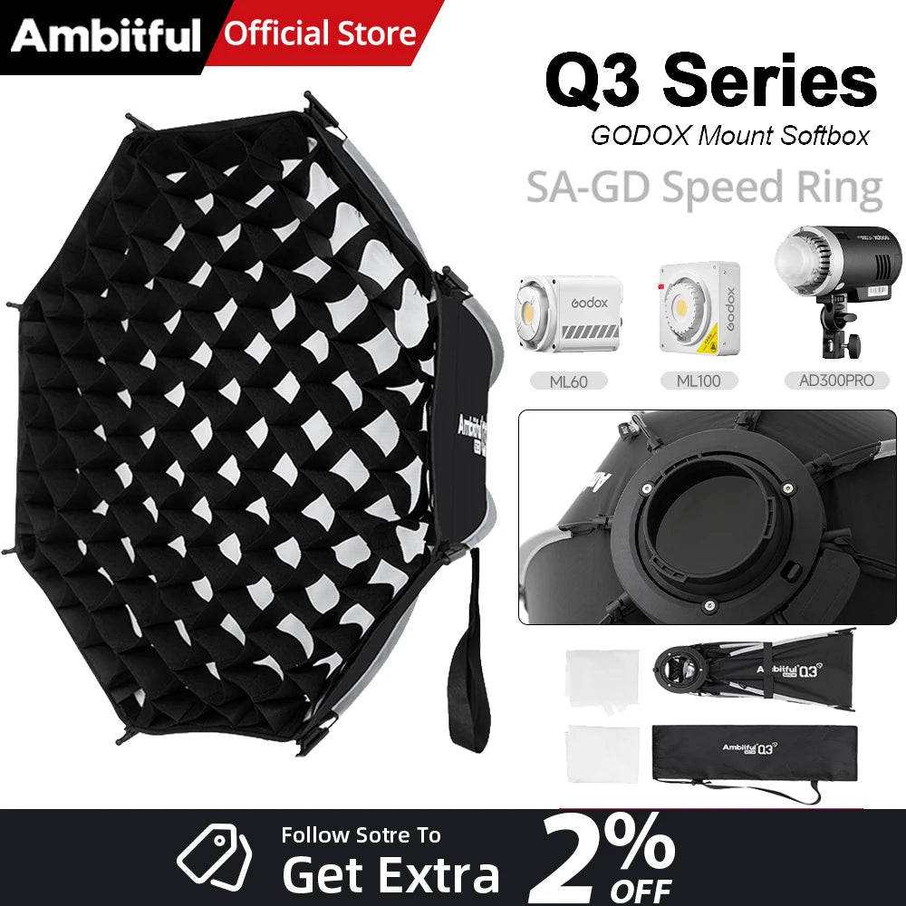 AMBITFUL Q3 Series 40/60cm Quick Release Standard SA-GD Ring Softbox For GODOX ML60 ML100 AD300PRO Video COB FlashLight