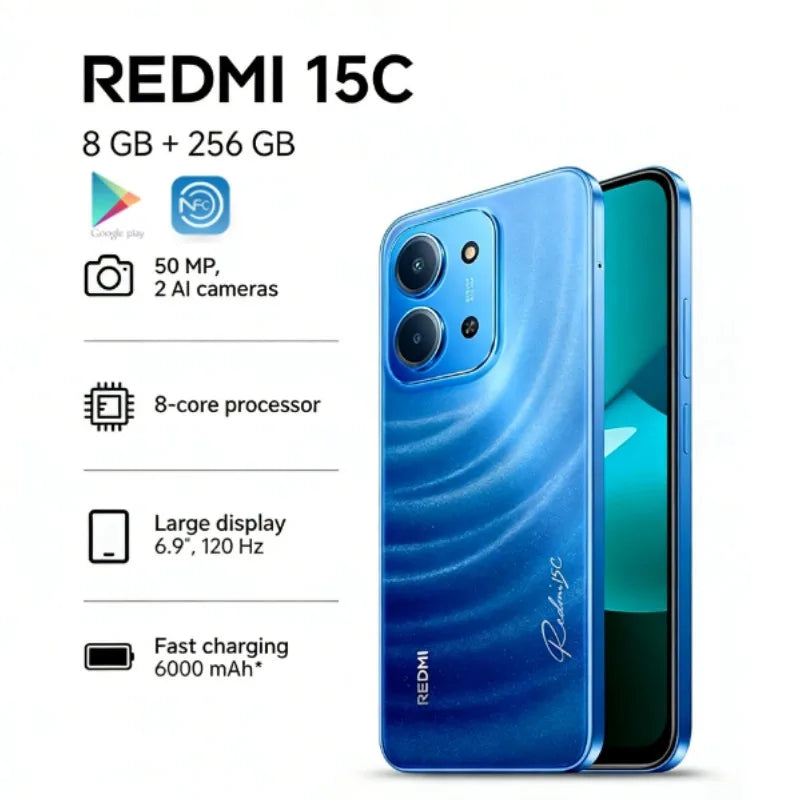 2026 new Redmi 15C Global Edition Redmi 15C 5G 8+256GB Smartphone: Ultra-slim 6000mAh smartphone with long battery life