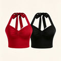 Women Ruched Halter Crop Top Tie Back Sleeveless Camisole V Neck Slim Stretch Y2K Party Cami Black Red Two Colors