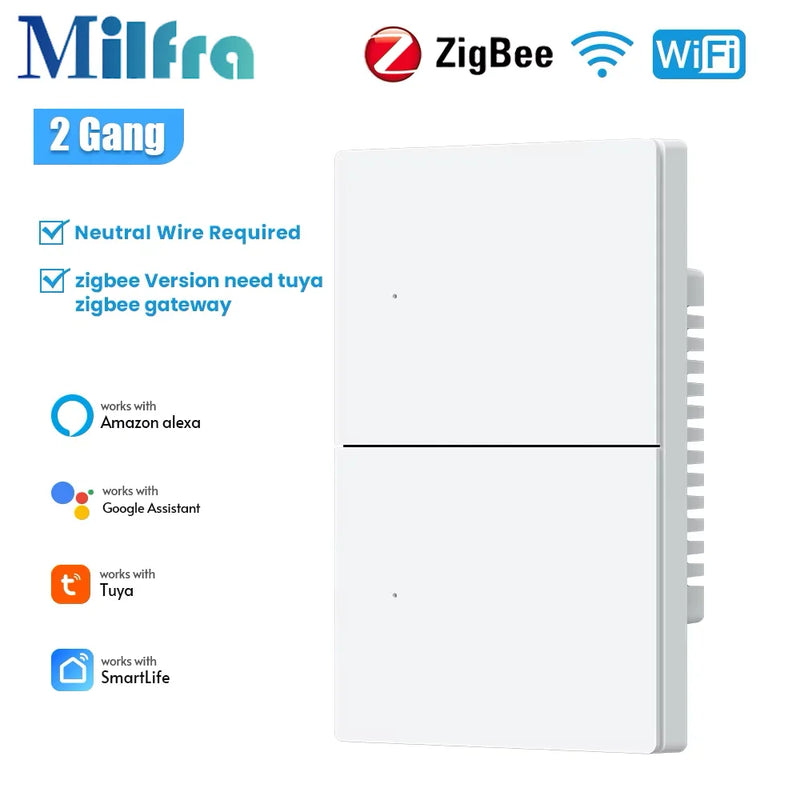 Milfra Zigbee WIFI Light Switch 1/2/3/4/6 Gang Smart Switch Voice Control Work With Alexa Google Home Tuya Control With Neutral