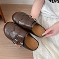 Women Retro Brogue Mule Clogs Round Toe Hollow‑Out Double Buckle Smooth Faux Leather Flat Slippers Spring Autumn Walking Shoes